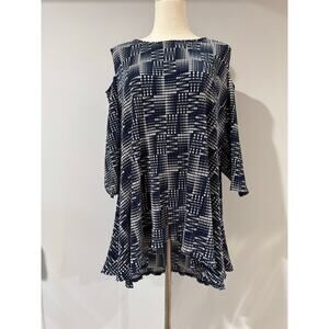 Alfani Cold-Shoulder Blouse in Navy Geometric Print Size M Pleated Jersey Fabric